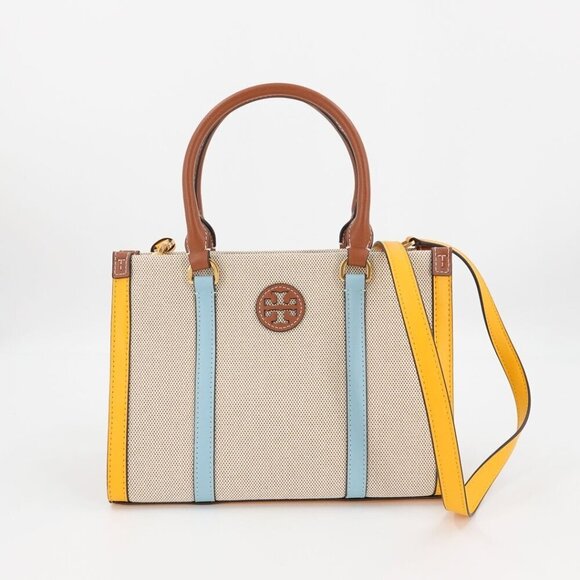 Tory Burch Blake Canvas Small Tote Blue Gold - Picture 1 of 12